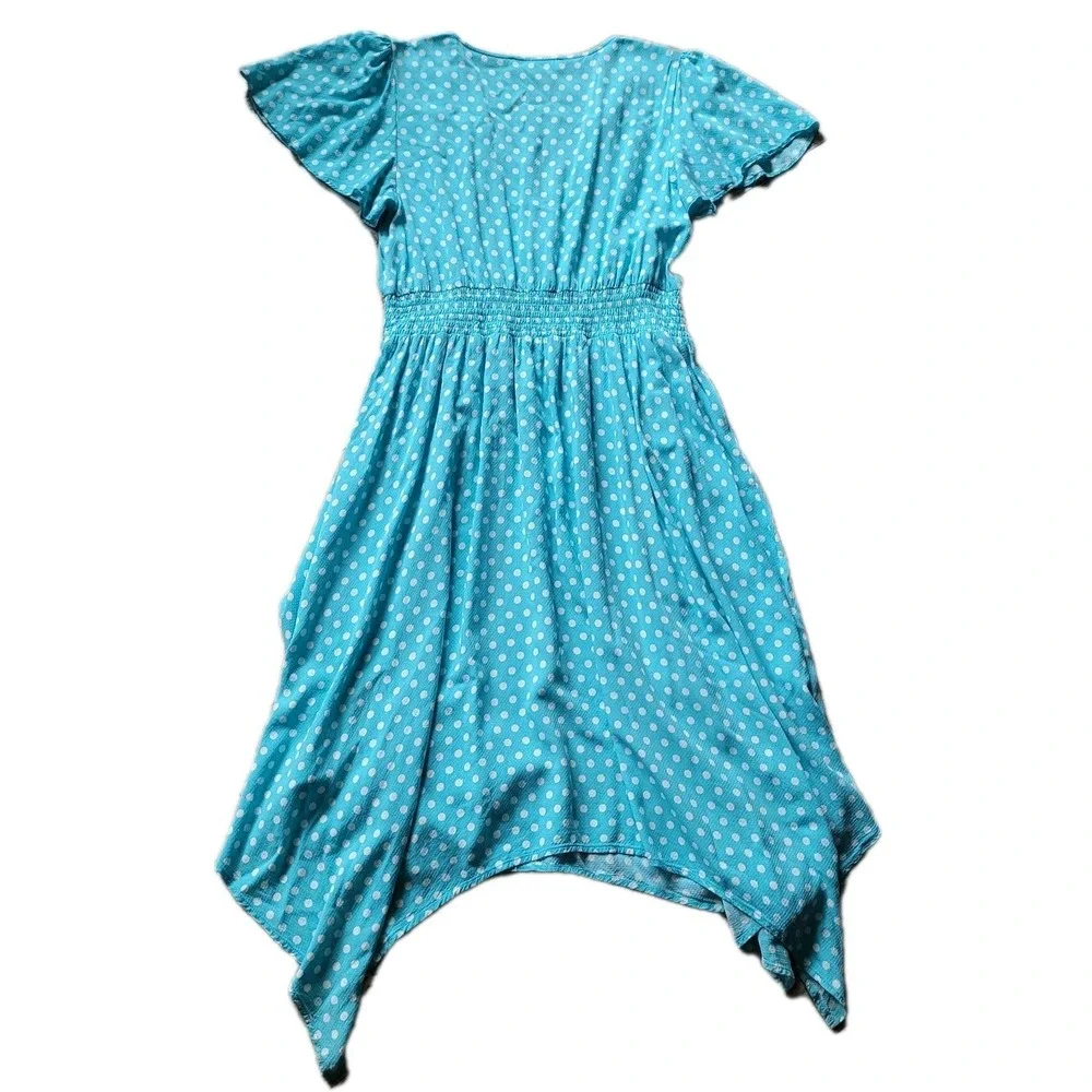 Michael Kors‎ Sky Blue Polka Dot Smocked Waist Midi Dress Large Romantic Pin Up